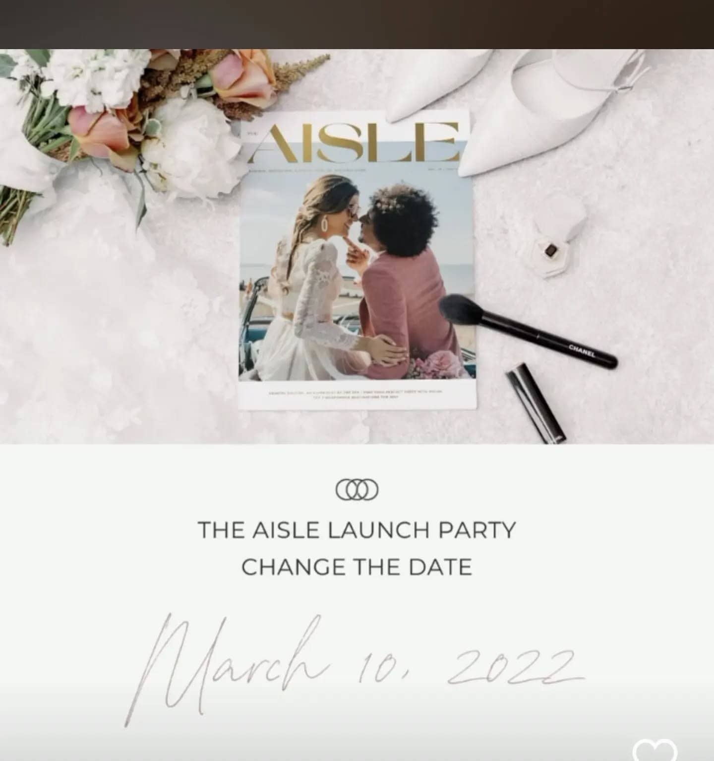 Aisle launch party invitation featuring floral decor, makeup, and a magazine cover, celebrating wedd.